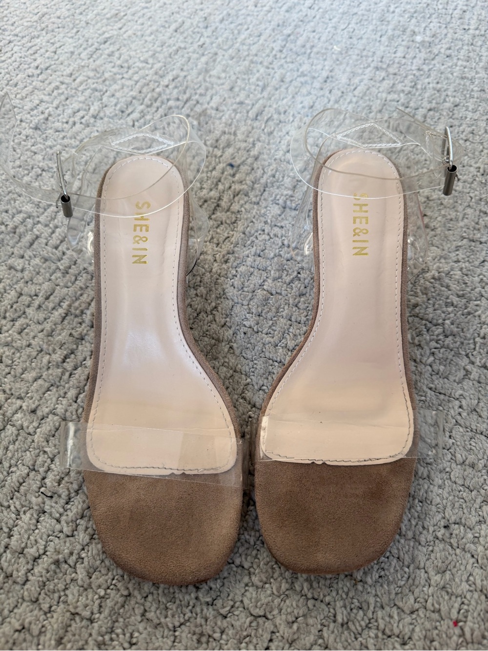 SHEIN Clear Strap Taupe Suede Block Heel Sandals
